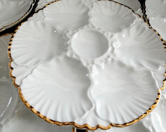 6 Antique Oyster Plates Porcelaine de Baudour Vintage White and Gold Oyster Platters Cerabel Belgium 40s