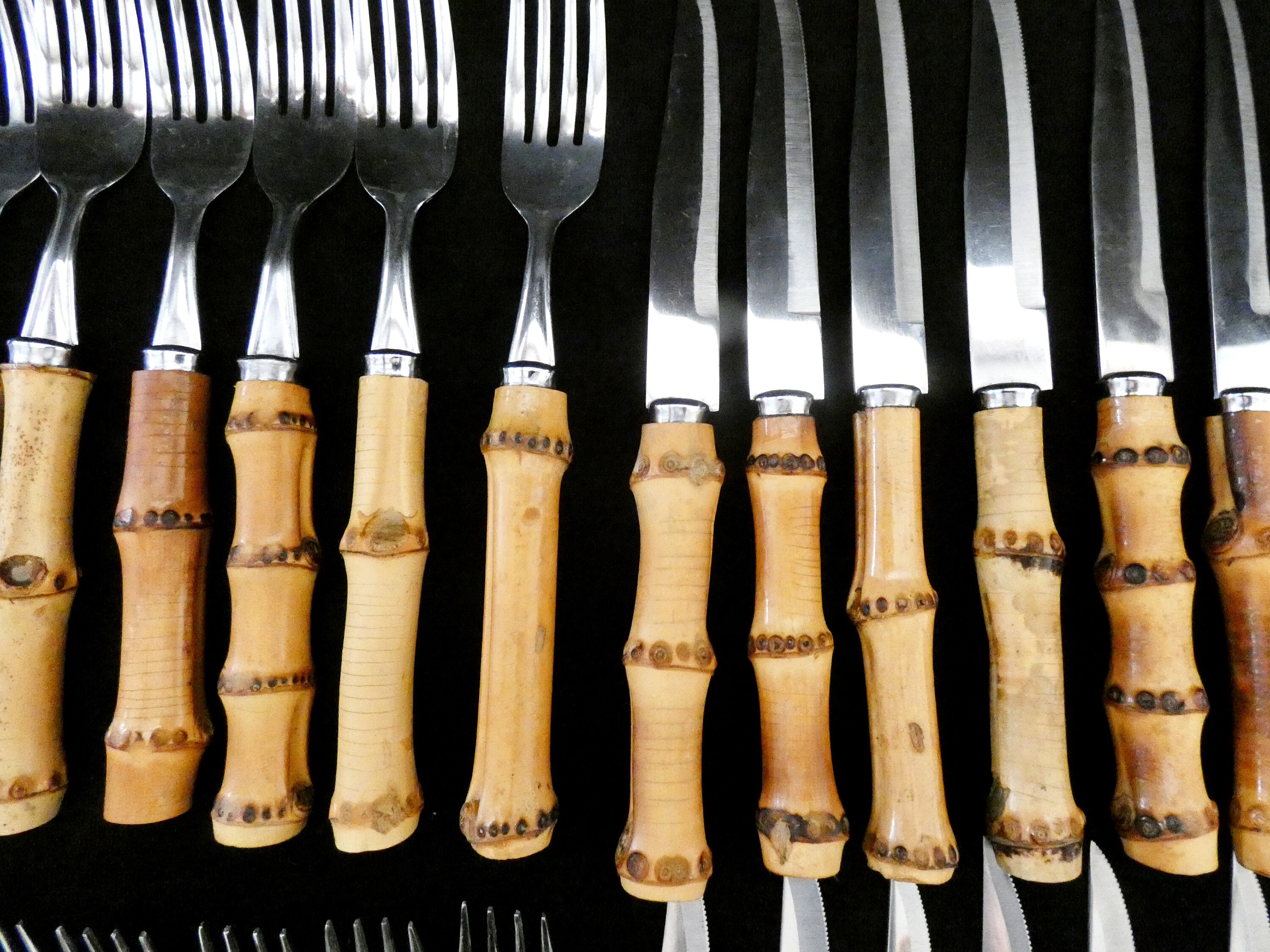 24 Vintage Bamboo Handle Flatware, Bamboo Handle Cutlery Set, Natural Bamboo and Stainless Steel
