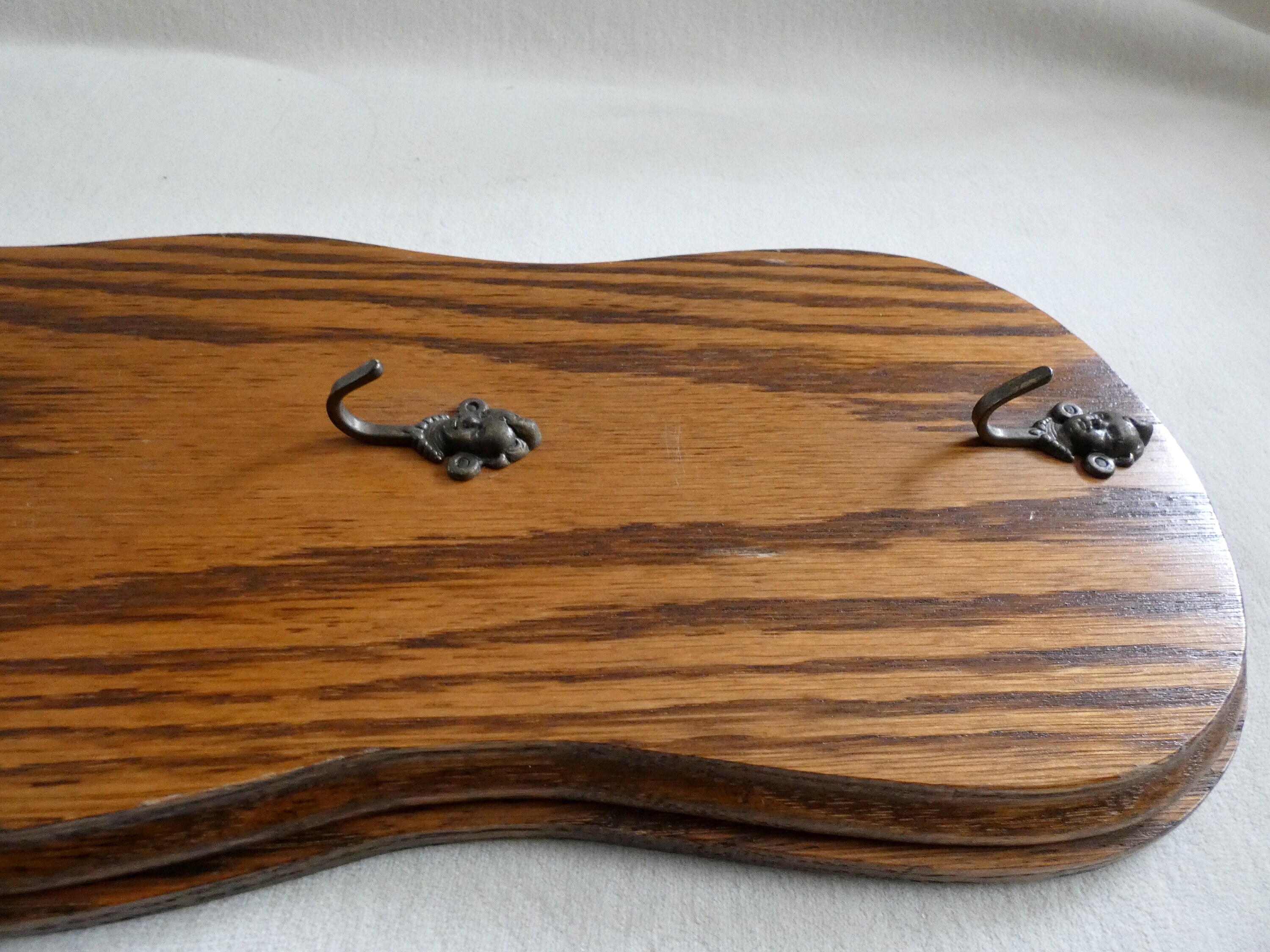 Vintage Wooden Key Rack Brown Key Wall Holder 6 Brass Hooks Midcentury