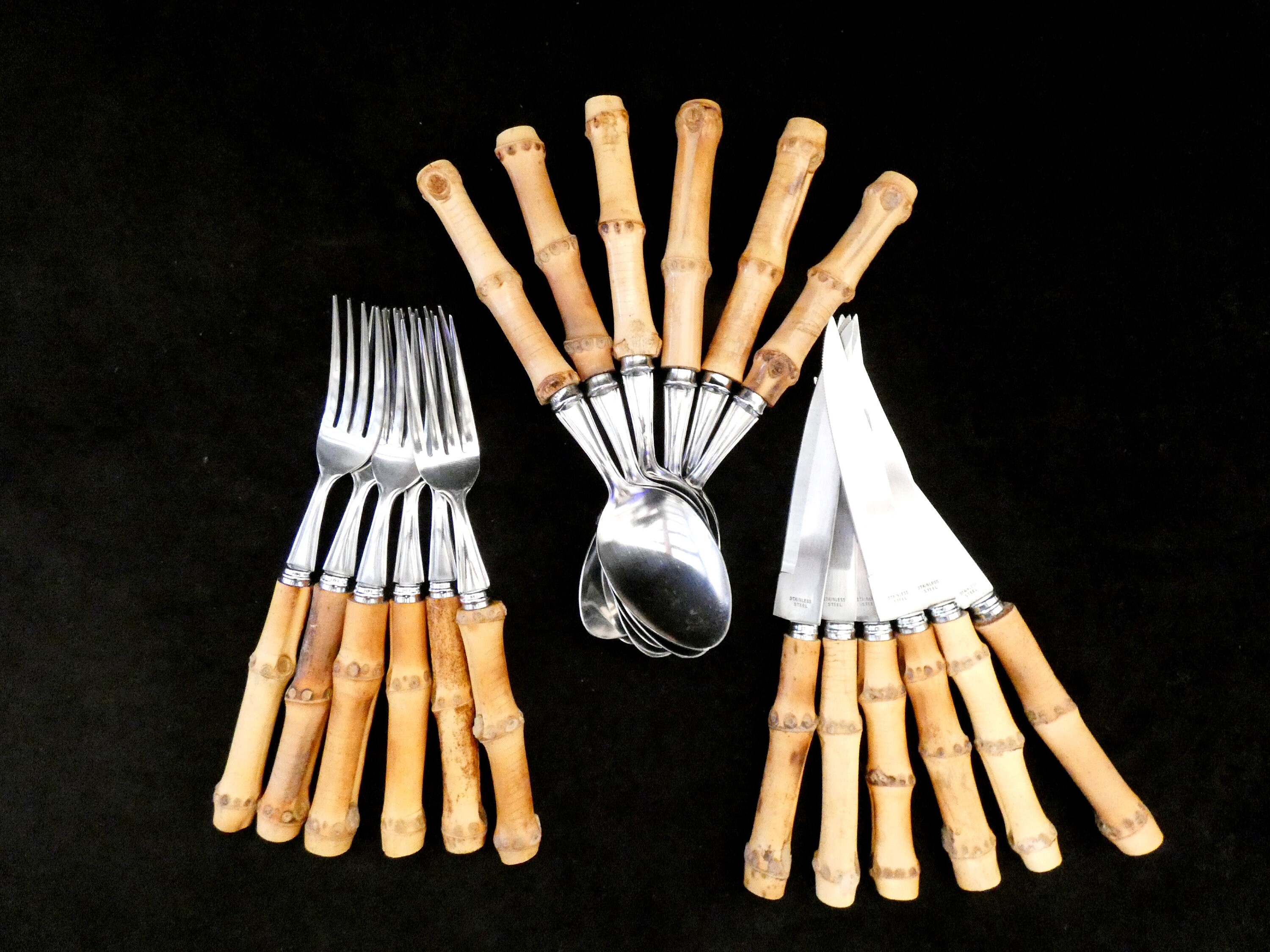 18 Vintage French Bamboo Handle Cutlery, Natural Bamboo Handle Flatware, Bamboo and Stainless