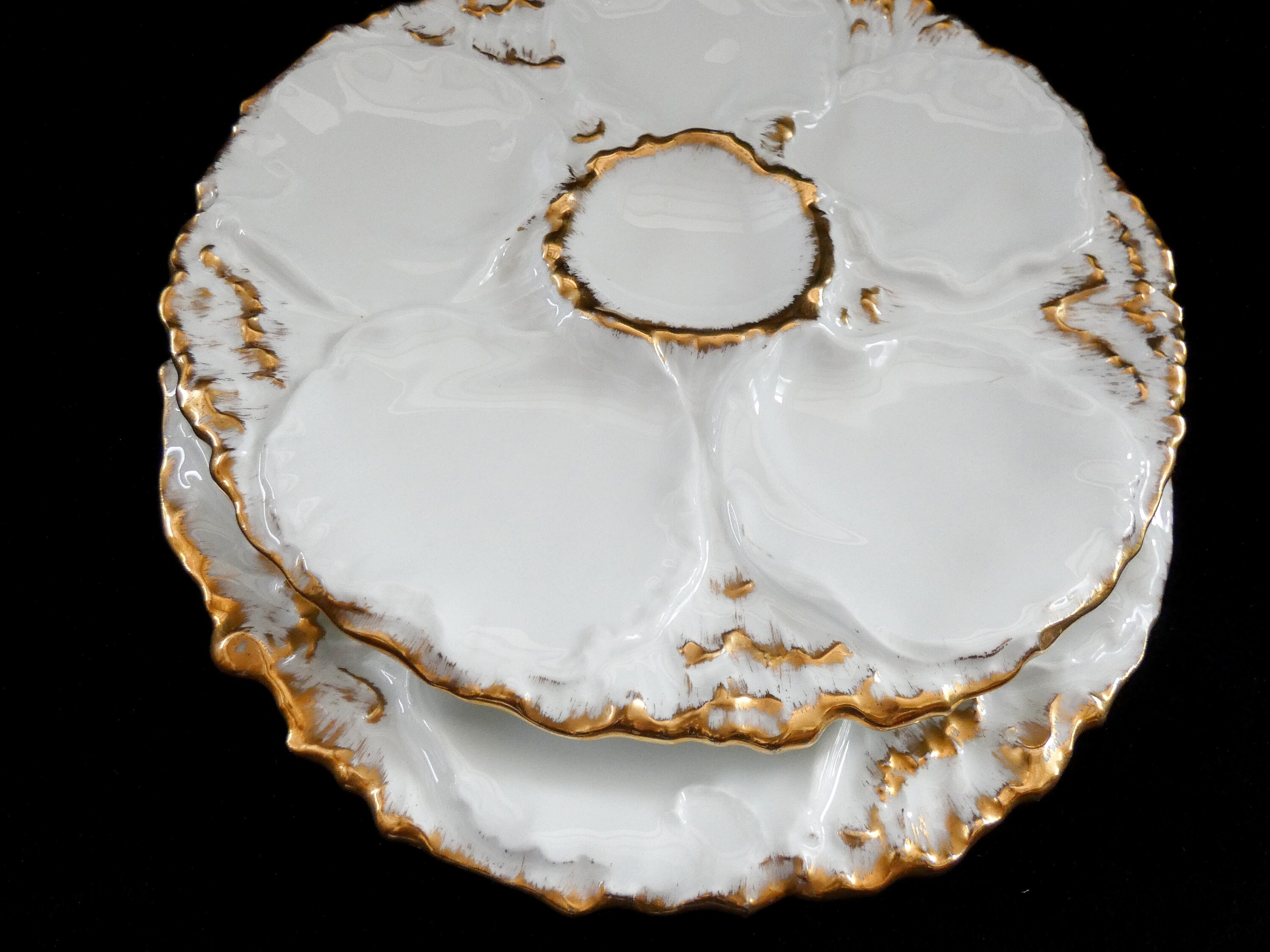 Antique White/Gold Oyster Plates, French Porcelain Oyster Plate