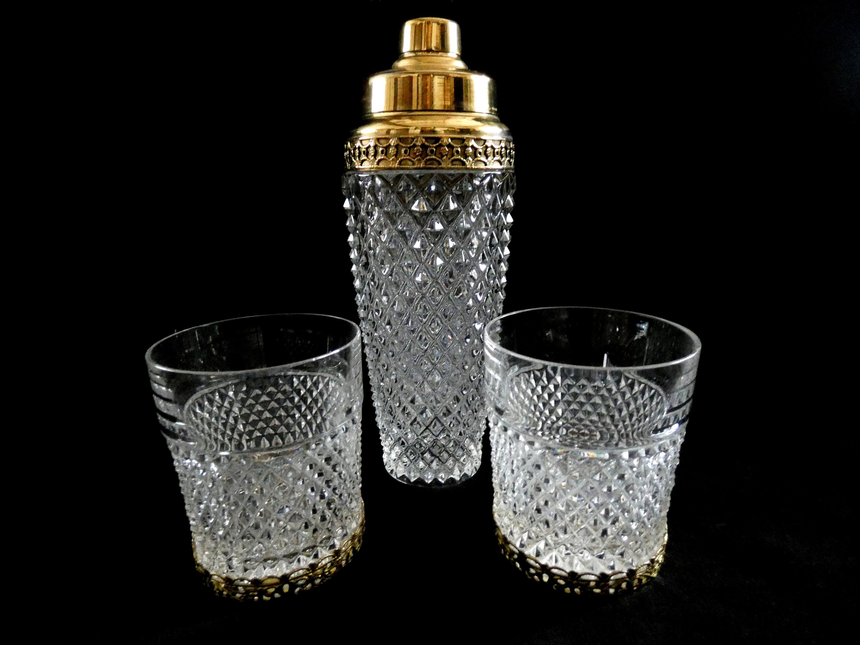 Mid Century Cocktail Set Floral Etched Cocktail Shaker, Martini