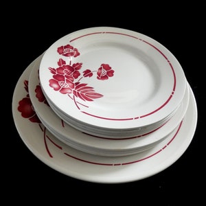 Antique Moulin des Loups Orchies Plates Set French White Majolica Burgundy Decor &quot;Edmond&quot; Model Round Serving Dishes 1920s