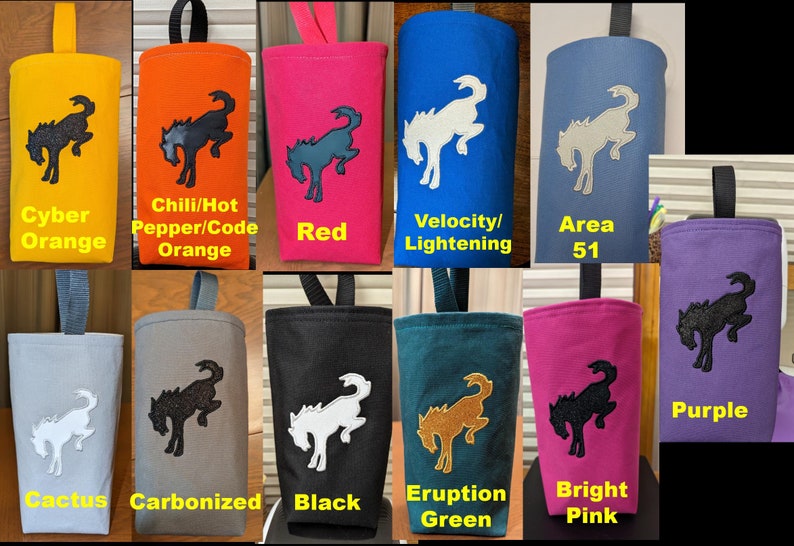 May include: Ten fabric pouches in different colours, each featuring a black embroidered horse design. The pouches are labelled with colour names such as Cyber Orange, Chili/Hot Pepper/Code Orange, Red, Velocity/Lightening, Area 51, Purple, Cactus, Carbonized, Black, Eruption Green, and Bright Pink.
