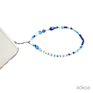 Cadena para teléfono con diseño de ojo malvado, correa para teléfono con diseño de ojo malvado, pulsera con dijes para teléfono, correa para teléfono con cuentas personalizable ~ Te veo - Correa para teléfono azul/plateada