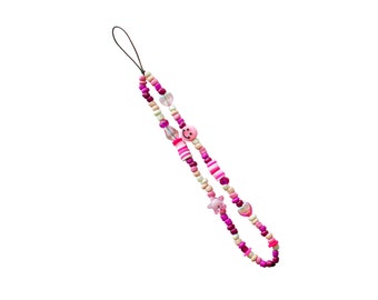 Bracelet de téléphone Smiley Face perlé, bracelet de charme de téléphone, chaîne de téléphone ~ Smiley (bracelet rose et blanc)