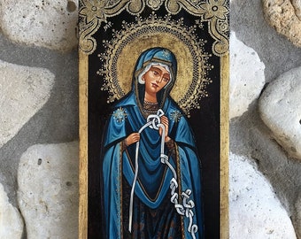 Icon on Wood - Mary (Untier of Knots), Byzantine Technology, Wall Art, (35x14 Centimeters or 13.8"x5.5")