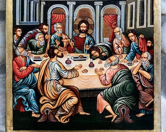 Icon painted on Wood, (1of1), The Last Supper, 40x30 Centimeters (15.7"x11.8"), Tempera and Gold Leaf, old Byzantine Technology