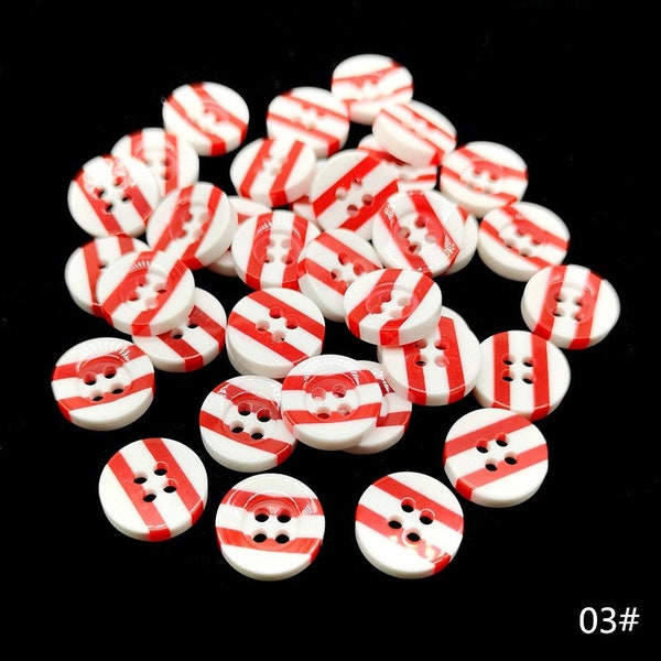 10x Candy Striped Red White Buttons, Round Resin 13mm four holes, children's buttons, craft buttons, crochet, knitting