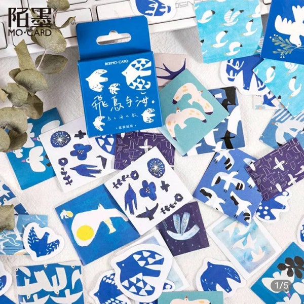 Blue, white Bird Stickers, 46 pieces, Planner stickers, Journal stickers