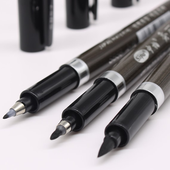 Set of 3 Japanese Calligraphy Pens Black Ink 3 Sizes Thin, Medium, Thick 