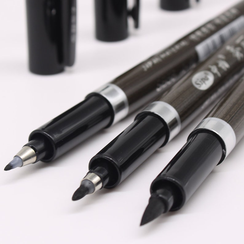 Set of 3 Japanese Calligraphy Pens Black Ink 3 sizes thin, medium, thick image 1