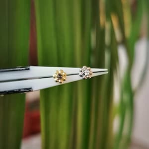 May include: Two flower-shaped stud earrings. One is gold-toned with a brown centre, and the other is silver-toned with a clear, sparkling centre. The earrings are held by a white tool against a blurred green background.