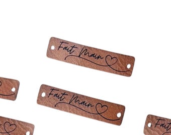 Lot de 10 étiquettes en cuir végétal "Fait Main"  4x1cm Marque pour créations, couture, tricot, crochet