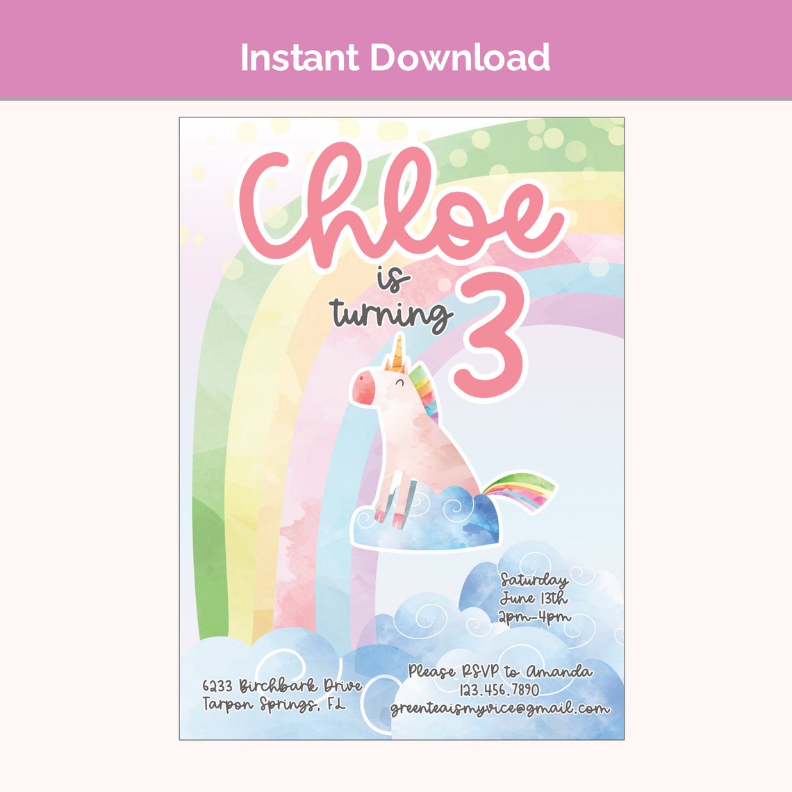 Unicorn Birthday Invitation Instant Download 3 Year Old Etsy