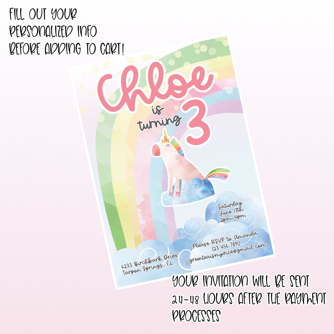 Unicorn Birthday Invitation Instant Download 3 Year Old Etsy
