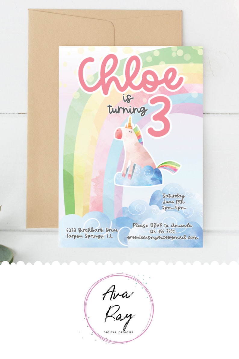 Unicorn Birthday Invitation Instant Download 3 Year Old Etsy