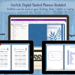 Puede incluir: Un planificador de estudios digital para el año escolar 2022-2023, que se muestra en la pantalla de una computadora. El planificador incluye un calendario, secciones mensuales y semanales, notas, tareas y una página de índice hipervinculada. El planificador está diseñado para ser utilizado con OneNote.