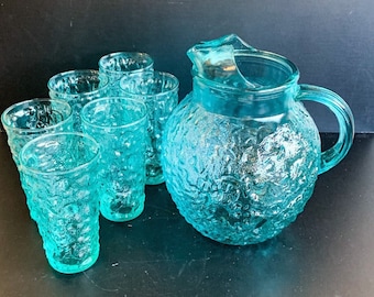 Vintage Glassware Anchor Hocking Aqua Bark Textured Glass Pitcher and Glasses in Milano Pattern