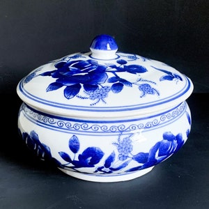 Blue & White Ironstone Covered Bowl or Cachepot with Roses and Butterflies Chinoiserie Decor