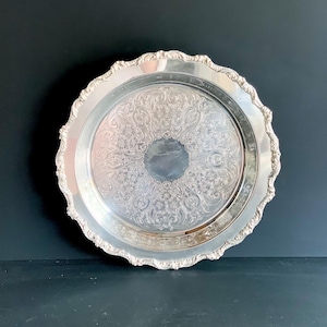 Vintage Silver Tray Round Footed with Embossed Center and Scroll Edge Old English by Poole