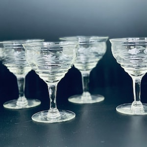 Vintage Glassware Coupes Wine Glass Etched Floral Bowls Set of 4