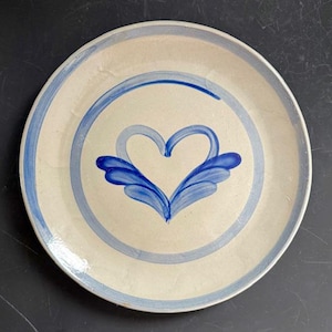 Vintage 1988 Beaumont Pottery York Maine Salt-Glazed Plate – Signed Jerry Beaumont – Cobalt Winged Heart – 1980s Stoneware Art