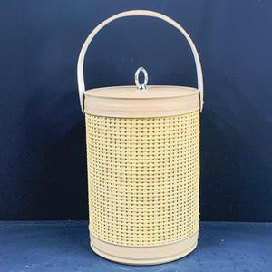 Op de afbeelding: Een cilindrische ijsemmer met een geweven rotan body en een lichtbruine leren bekleding. Het heeft een bijpassend deksel en een handvat. De metalen handvatbevestiging is zilverkleurig. De emmer is ongeveer 25 cm hoog.