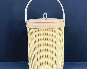 Vintage MCM Yellow Basketweave Ice Bucket - Mid-Century Modern Barware by Shelton-Ware/Moldtronics - Retro Padded Lid with Chrome Ring Pull