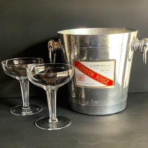 Vintage GH Mumm and Co Reims France Cordon Rouge Champagne Aluminum Ice Bucket with Hollow Stem Champagne Coupes