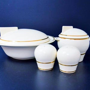 Vintage American Limoges Hollywood Art Deco Bowl Set: Sugar, Salt & Pepper