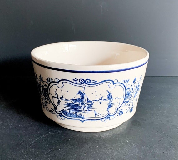 Vintage Delfts Blauw Hand Painted Bowl Blue Windmill & Sailboat Scene Made in Holland 5" Patina Blue Dutch Pottery - Grandmillennial Decor