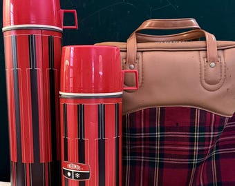 Vintage 1971 King Seeley Thermos Picnic Set - Red & Black Piano Key Stripe Bottles with Plaid Carrying Case and Lunch Box - Retro Americana