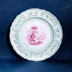 Antique Red Transferware Center and Green Transferware Edge Plate Canova Pattern by Thomas Mayer