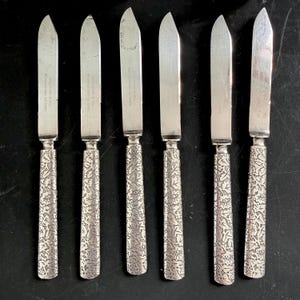 Vintage Silverpläterade Swan Knivstöd eller Repousse Patter Fruktknivar Set om 6