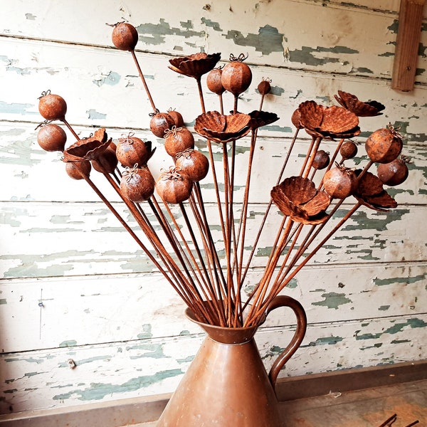 Metal Poppies, poppy Flowers and poppyseed heads,  Plant Stake/supports, outdoor table decoration, Garden decor.