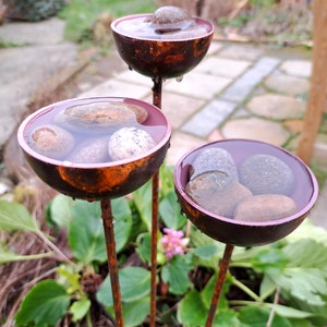 Water Catcher Set of three in pinks, with river pebbles included. Garden Sculpture made for wildlife too!