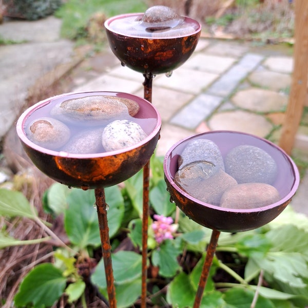Water Catcher Set of three in pinks, with river pebbles included. Garden Sculpture made for wildlife too!