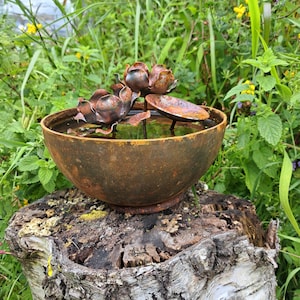 May include: A rustic, metal water fountain with a bowl-shaped basin and decorative lotus flowers. The fountain has a weathered, brown finish and sits atop a tree stump, surrounded by green foliage. The water feature adds a natural element to any garden.