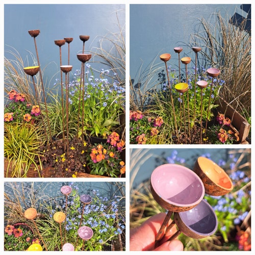 Station d'eau pour abeilles et papillons. Ensemble de trois tasses décoratives de sculpture de jardin. L'ensemble giroflée