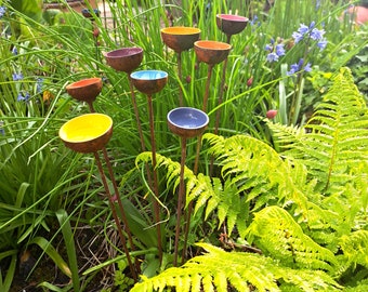 Bee Water Stations, set of three colourful cups, Garden Sculpture Décor