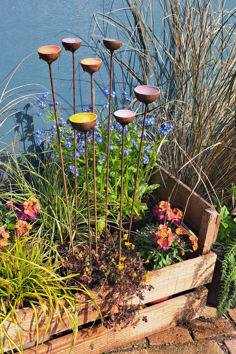 Estación de agua para abejas y mariposas. Juego de tres tazas Decoración de esculturas de jardín. El conjunto de alhelí imagen 4