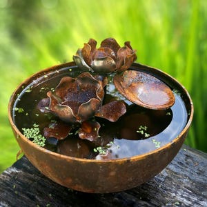 May include: A rustic, metal water feature with a weathered, brown finish. The bowl holds water and features decorative, stylized lotus flowers. The water's surface reflects the surrounding greenery, creating a tranquil garden accent.