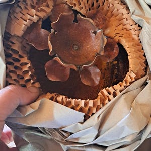 May include: A rusty brown metal flower sculpture, partially visible, nestled within protective brown paper packaging. The sculpture has multiple petals and a central circular element. The packaging includes honeycomb-style paper and folded brown paper.