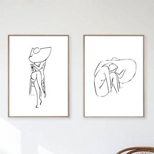 Naked Female Body Drawing / Sun Hat / Line Drawing / Minimalist Art / Digital Print
