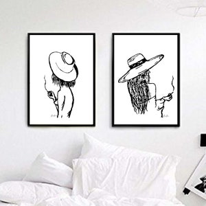 Girl in a Hat / Naked Female Body Drawing / Line Drawing / Minimalist Art / Cigarette Drawing