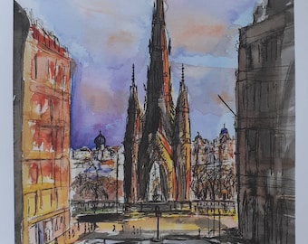 Scott Monument, Edinburgh A4 print of an original pen and watercolour sketch