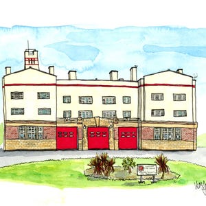 May include: A watercolour illustration of a fire station building with cream-coloured upper walls, a red horizontal stripe, and a brick lower level. The structure features three large red garage doors, multiple windows, and a small sign in front.
