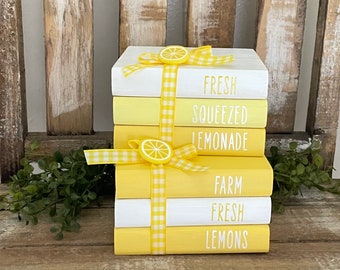Farmhouse Mini Wood Book Stack, Mini Lemon Wood Books, Farmhouse Lemon Tiered Tray Decor, Lemonade Decor, Lemons Coffee Bar, Summer Decor