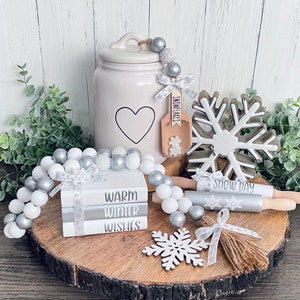 Snowflake Winter Tiered Tray Decor,Snowflake Book Stack,Snowflake Wood Bead Garland,Mini Wood Book Stack,Snowflake Winter Coffee Bar Decor